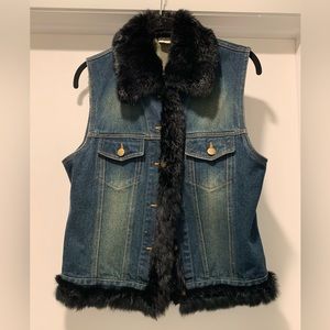 Rabbit trimmed jean jacket vest